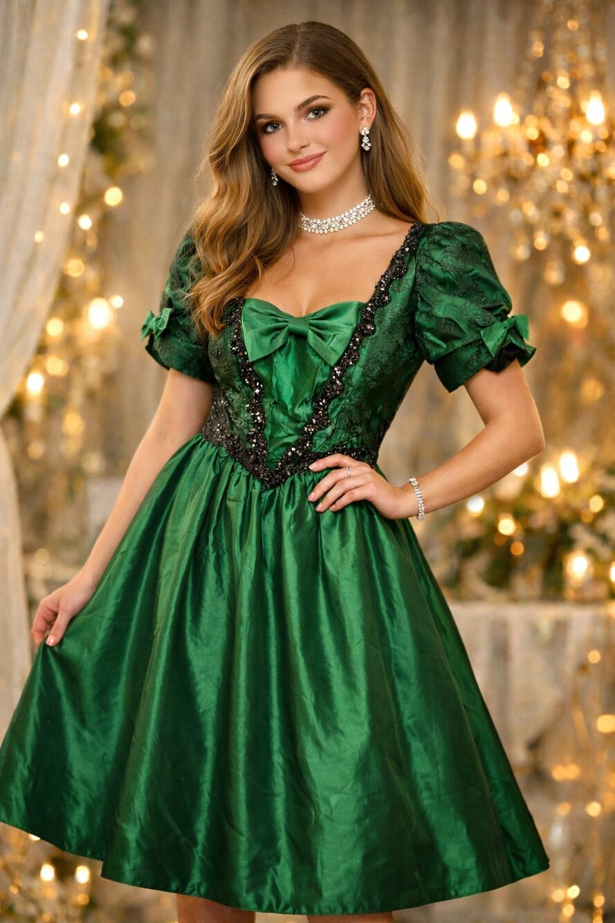 VTG 90s Emerald Green Taffeta Dress Whimsigoth Goth Prom Fairycore Puff Sleeve S